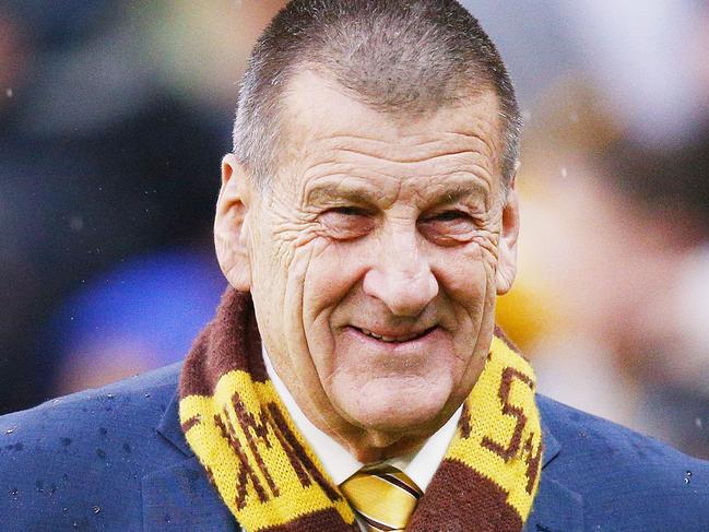 MELBOURNE, AUSTRALIA - AUGUST 11: Hawks President Jeff Kennett celebrates the win during the round 21 AFL match between the Hawthorn Hawks and the Geelong Cats at Melbourne Cricket Ground on August 11, 2018 in Melbourne, Australia.  (Photo by Michael Dodge/Getty Images)