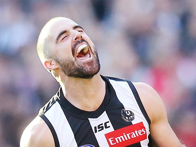 MELBOURNE, AUSTRALIA - MAY 18: Steele Sidebottom of the Magpies celebrates a goal during the round nine AFL match between the Collingwood Magpies and the St Kilda Saints at Melbourne Cricket Ground on May 18, 2019 in Melbourne, Australia. (Photo by Michael Dodge/Getty Images)