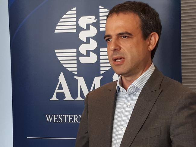 Australian Medical Association WA president Omar Khorshid speaks to the media about survey results at AMA headquarters in Nedlands, Tuesday, October 31, 2017. A survey of senior doctors in WA has uncovered a crisis of moral and confidence in management. (AAP Image/Sophie Moore) NO ARCHIVING