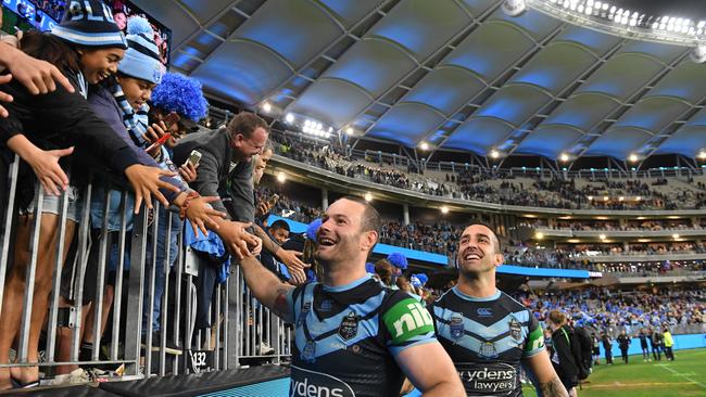 NSW’s Boyd Cordner and Paul Vaughan thanks WA fans following Game two of the 2019 State of Origin series. Picture: Dave Hunt