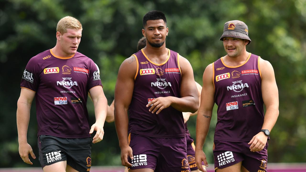 Thomas Flegler (left), Payne Haas (centre) and Patrick Carrigan (right) came through the Broncos system together. Picture: AAP/Darren England