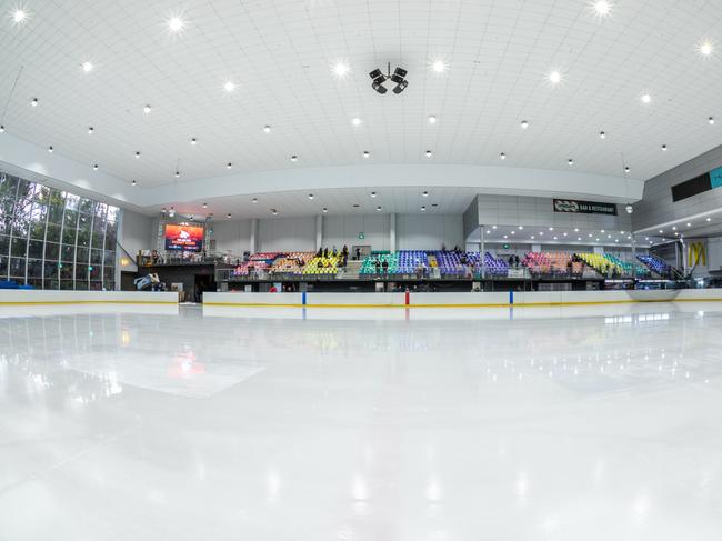 Macquarie Ice Rink lit up in rainbow colours for the Sydney Bears' 2019 Pride Night clash against the Canberra Brave. Picture: Peter Podlaha/The AIHL