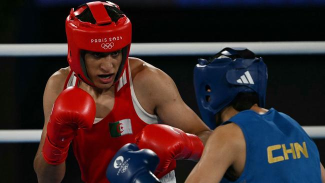 Algeria's Imane Khelif and China's Yang Liu (Blue) compete in the women's 66kg final boxing match during the Paris 2024 Olympic Games. Picture: AFP