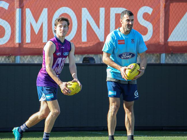 Zane Williams and Nigel Lappin at Geelong training. Picture: Geelong Cats