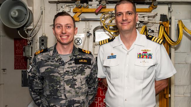 Lieutenant Joseph Melbin and Captain Brent Spillner on board the USS Emory S Land naval maintenance vessel, which docked in Darwin for a routine visit in May, 2024. Picture: Pema Tamang Pakhrin