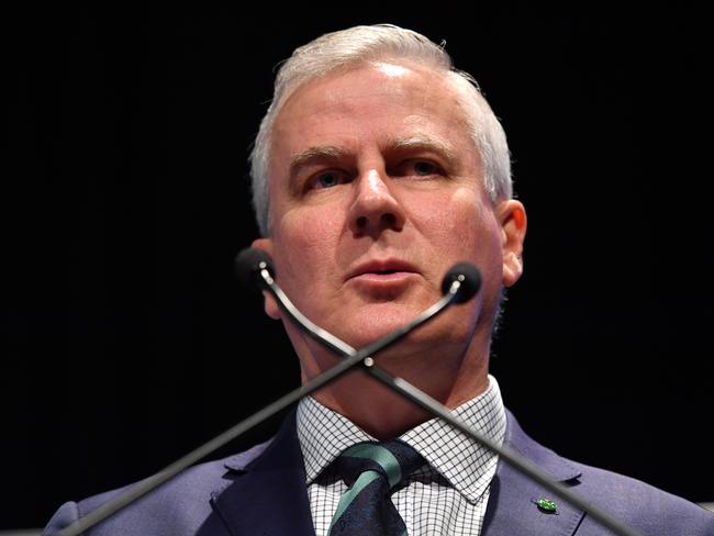 National Party of Australia leader and Deputy Prime Minister Michael McCormack is seen speaking at the Queensland LNP (Liberal National Party) state convention at the Royal International Convention Centre in Brisbane, Saturday, July 7, 2018. (AAP Image/Darren England) NO ARCHIVING