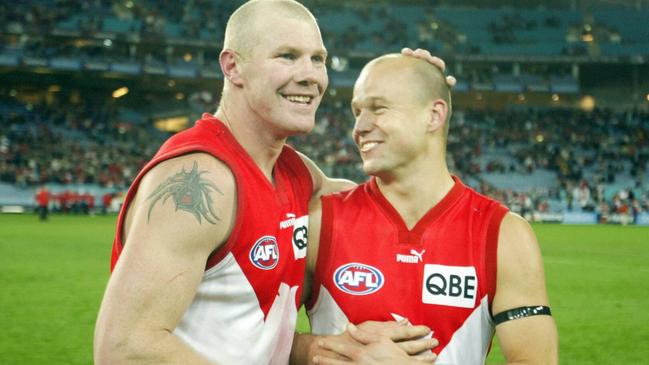 Nicks with teammate Barry Hall during the 2004 finals series. Picture: Mark Evans