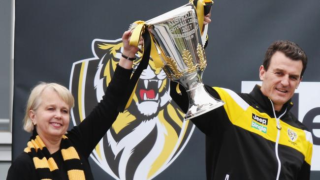 Richmond Tigers President Peggy O'Neil and CEO Brendon Gale celebrate winning the 2017 AFL Grand Final, at Punt Road Oval. Picture: Michael Dodge/Getty Images