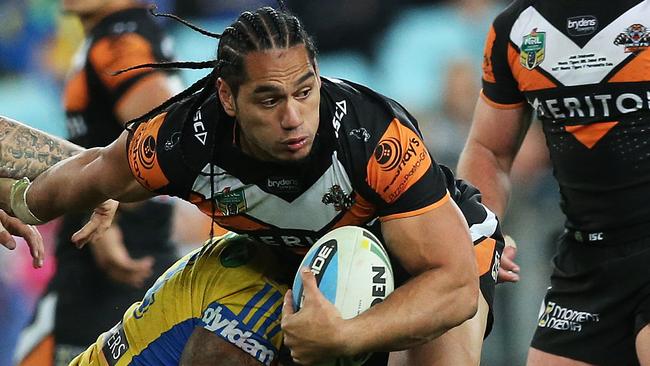 Tigers' Martin Taupau in action during NRL match Wests Tigers v Parramatta Eels at ANZ Stadium. picture. Phil Hillyard