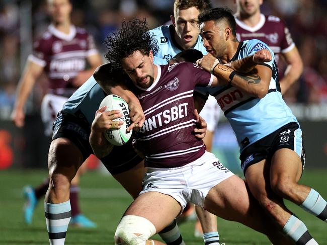 Aloiai, seen here in action for the Sea Eagles, says the Pacific Island violence is “a spit in the face of the sacrifices our older generations made for us”. Picture: Getty Images