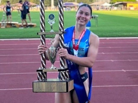 Aviva Damjanovic with the first place trophy after taking out the the John Campbell Miles Memorial 100 Yards dash. Picture: Facebook.