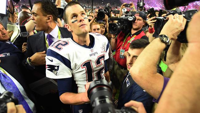 Tom Brady of the New England Patriots as he looks on after defeating the Atlanta Falcons.