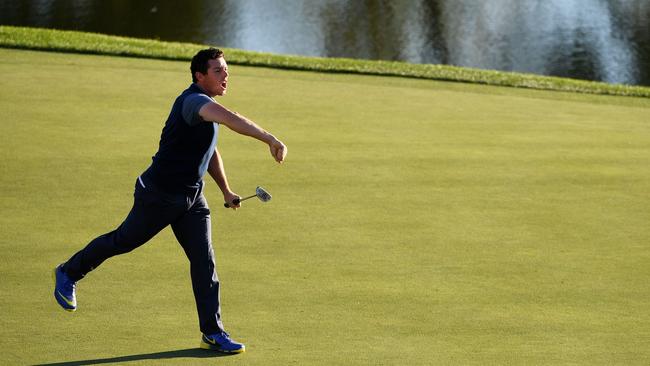 Europe’s Rory McIlroy reacts after sinking the match-winning putt