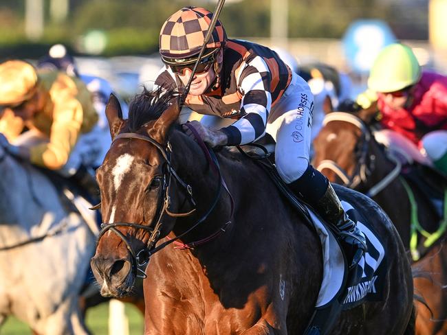 Fawkner Park surges into Caulfield Cup contention with a dominant win in The Q22 for jockey Tyler Schiller and trainer Annabel Neasham. Picture: Grant Peters - Trackside Photography.