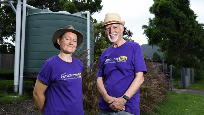 Community First has commissioned a hydrology study that looks at subsidising rainwater tanks for Cairns residents, to complement the town water supply and take pressure off the need for additional water infrastructure. Community First Division 7 candidate Renee Lees and mayoral candidate Denis Walls want to see a proliferation of water tanks installed onto established inner city homes. Picture: Brendan Radke