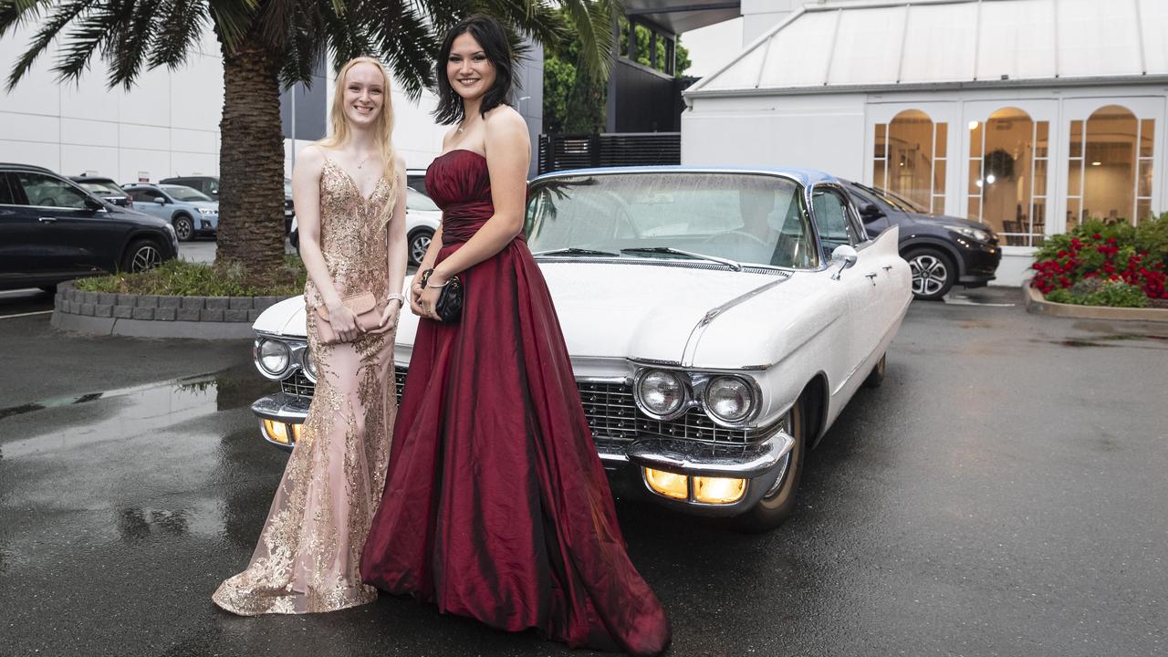 Tia Wallis (left) and Anna Rosinski arrive at Toowoomba Flexi School formal at Burke and Wills Hotel, Thursday, October 10, 2024. Picture: Kevin Farmer