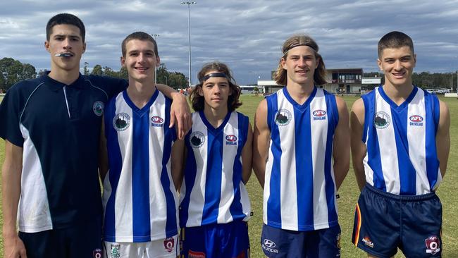 Sunshine Beach State High senior boys AFL players Bayley Crawford, Angus Castle, Tom McNally, Zak Crozier and Dane Larson.