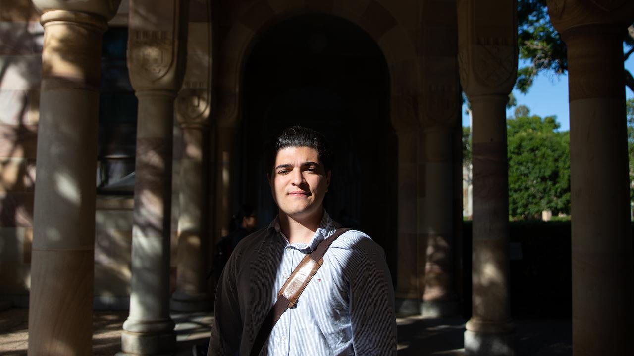 Drew Pavlou under the arches of the University of Queensland’s Great Court where the protest was held. Picture: David Kelly.