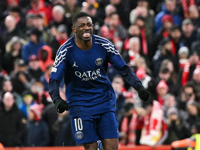 Paris Saint-Germain's French forward #10 Ousmane Dembele celebrates scoring a penalty. Picture: AFP