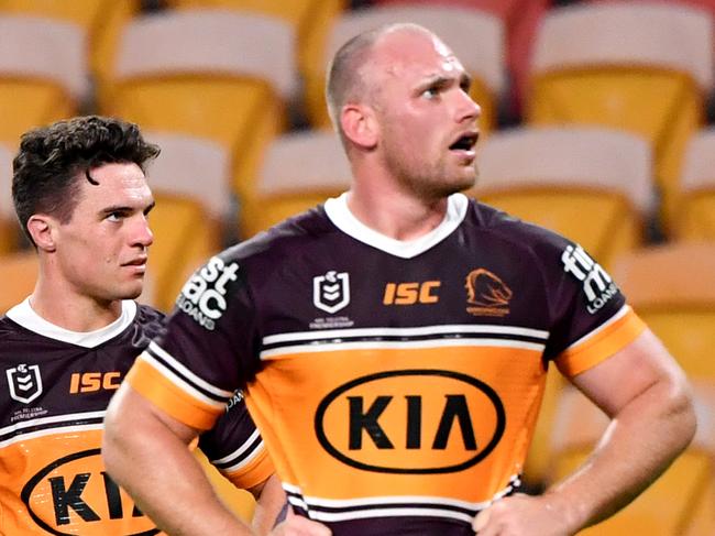 Broncos players are seen reacting during the Round 4 NRL match the Brisbane Broncos and the Sydney Roosters at Suncorp Stadium in Brisbane, Thursday, June 4, 2020. (AAP Image/Darren England) NO ARCHIVING, EDITORIAL USE ONLY