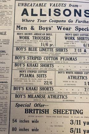 Boys and mens’ wear at Allisons. Gold Coast Bulletin advertising, 1945