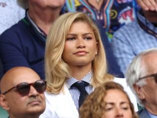 LONDON, ENGLAND - JULY 14: Zendaya looks on during the Gentlemen's Singles Final between Novak Djokovic of Serbia and Carlos Alcaraz of Spain during day fourteen of The Championships Wimbledon 2024 at All England Lawn Tennis and Croquet Club on July 14, 2024 in London, England. (Photo by Clive Brunskill/Getty Images)