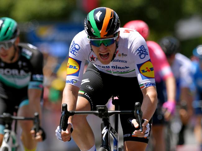 TANUNDA, AUSTRALIA - JANUARY 21: Arrival / Sam Bennett of Ireland and Team Deceuninck - Quick-Step / Celebration / during the 22nd Santos Tour Down Under 2020 - Stage 1 a 150km stage from Tanunda to Tanunda / TDU / @tourdownunder / #UCIWT / on January 21, 2020 in Tanunda, Australia. (Photo by Tim de Waele/Getty Images)