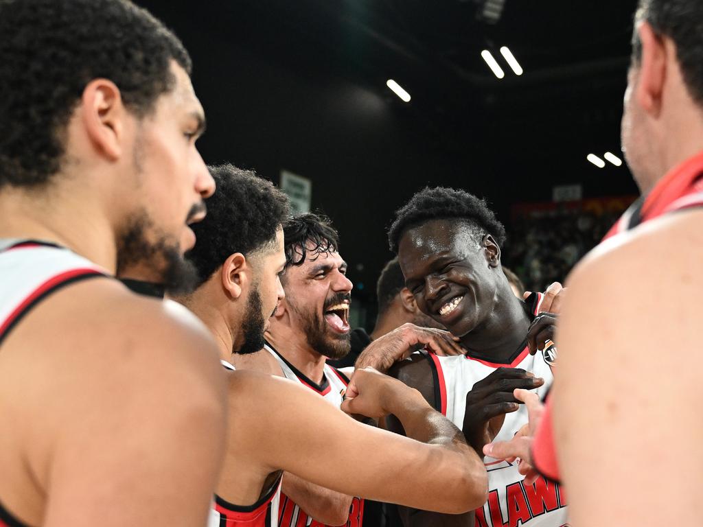 Hawks players celebrates the win during the round 19 NBL match between Tasmania Jackjumpers and Illawarra. Picture: Getty Images