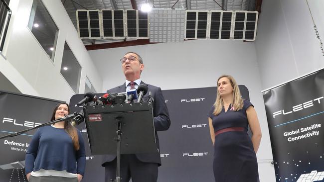 Then SA premier Steven Marshall at Fleet Space Technologies in Beverley, with Flavia Tata Nardini, CEO and Co-Founder of Fleet Space Technologies, and Andrea Boyd, Deputy Astronaut Operations, European Space Agency, in March 2022. Picture Dean Martin.