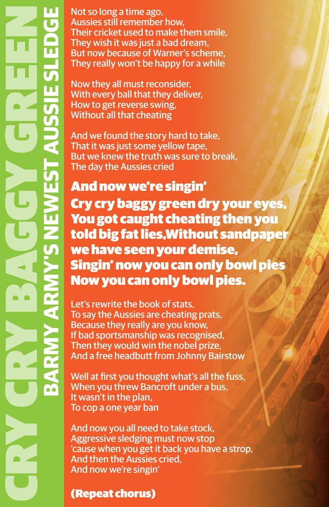 The lyrics for the Barmy Army’s new sledging song.