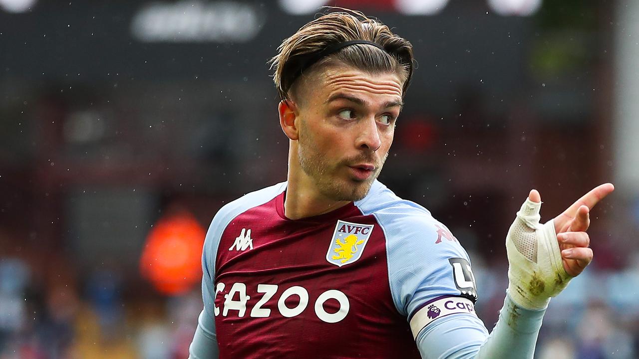 BIRMINGHAM, ENGLAND - MAY 23: Jack Grealish of Aston Villa reacts during the Premier League match between Aston Villa and Chelsea at Villa Park on May 23, 2021 in Birmingham, England. A limited number of fans will be allowed into Premier League stadiums as Coronavirus restrictions begin to ease in the UK. (Photo by Nick Potts - Pool/Getty Images)