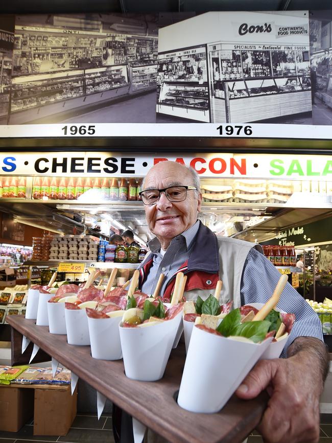 Con Savvas at his market stall when Con's Fine Food turned 60 Picture: Naomi Jellicoe