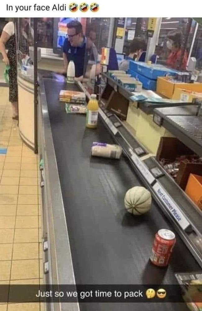 One shopper shared a photo of their groceries spaced out in an attempt to slow down the scanning process. Picture: Facebook/Aldi Fans Australia