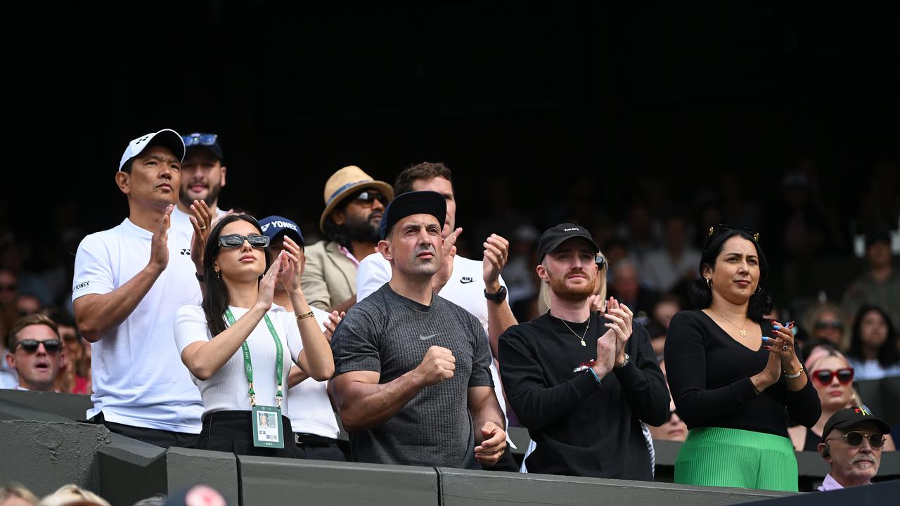 LONDON, ENGLAND - JULY 04: Costeen Hatzi partner of Nick Kyrgios of Australia watches them play against Brandon Nakashima of United States of America from the players box during their Men's Singles Fourth Round match on day eight of The Championships Wimbledon 2022 at All England Lawn Tennis and Croquet Club on July 04, 2022 in London, England. (Photo by Shaun Botterill/Getty Images)