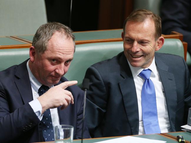 Barnaby Joyce, The Deputy PM, Minister for Agriculture with former Prime Minister Tony Abbott, in Question Time in the House of Representatives in Parliament House Canberra.Picture Gary Ramage