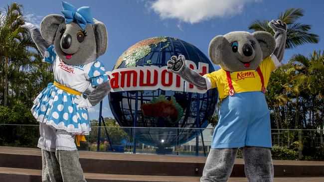 Dreamworld mascots Kenny and Belinda. Picture: Jerad Williams