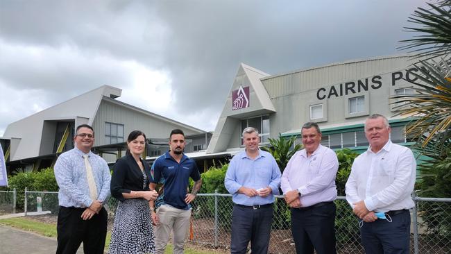 Youth Justice Department Deputy Director-General Phillip Brooks, Youth Justice Minister Leanne Linard, Youth Justice co-responder Joel Karwan, Police Minister Mark Ryan, Queensland Police Union Far North executive member Gil Dyett and Cairns MP Michael Healy visit Cairns PCYC in February in Cairns following the death of Bradley Smith. . Picture: Chris Calcino