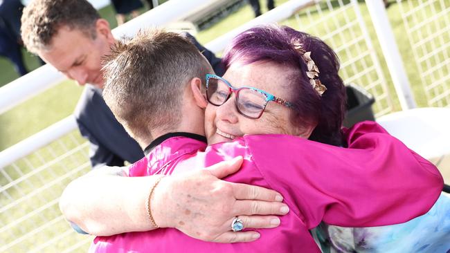 Debbie Kepitis embraces jockey Jason Collett after Fangirl’s victory in the Apollo Stakes at Randwick on February 15. Picture: Jeremy Ng / Getty Images