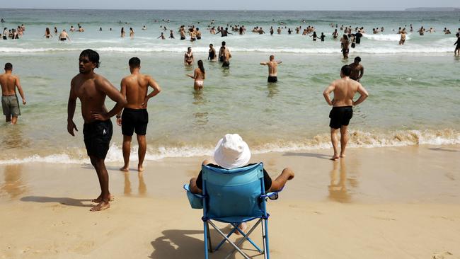 Bathers at Sydney’s Bondi Beach on Wednesday. Asphalt melting, airconditioning-on-full-bore weather this was not.Picture: Sam Ruttyn