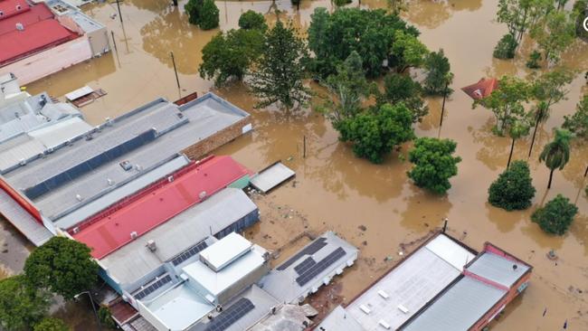 Infinity Flights Photography captured these incredible shots of Gympie experiencing its worst flood in decades on the morning of Saturday, February 26, 2022. This photo shows the back of Mary St looking into Memorial Park.