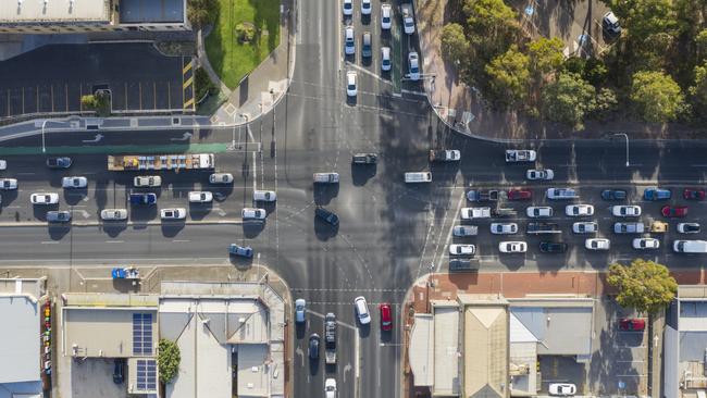 Morning traffic during the Adelaide 500 on the corner of Portrush Rd and Greenhill Rd in 2020. Picture: Simon Cross