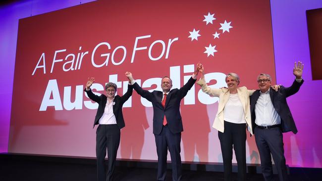 Australian Opposition leader Bill Shorten with Penny Wong, Tanya Plibersek and Wayna Swan during the Labor Party National Conference in Adelaide.