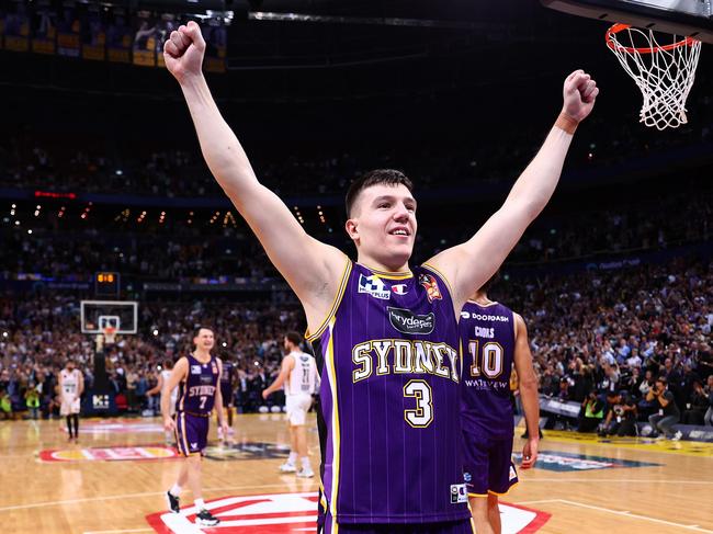 Dejan Vasiljevic celebrates victory in game three of the NBL Grand Final series between Sydney Kings and Tasmania Jackjumpers at Qudos Bank Arena last year. Photo: Mark Metcalfe/Getty Images.