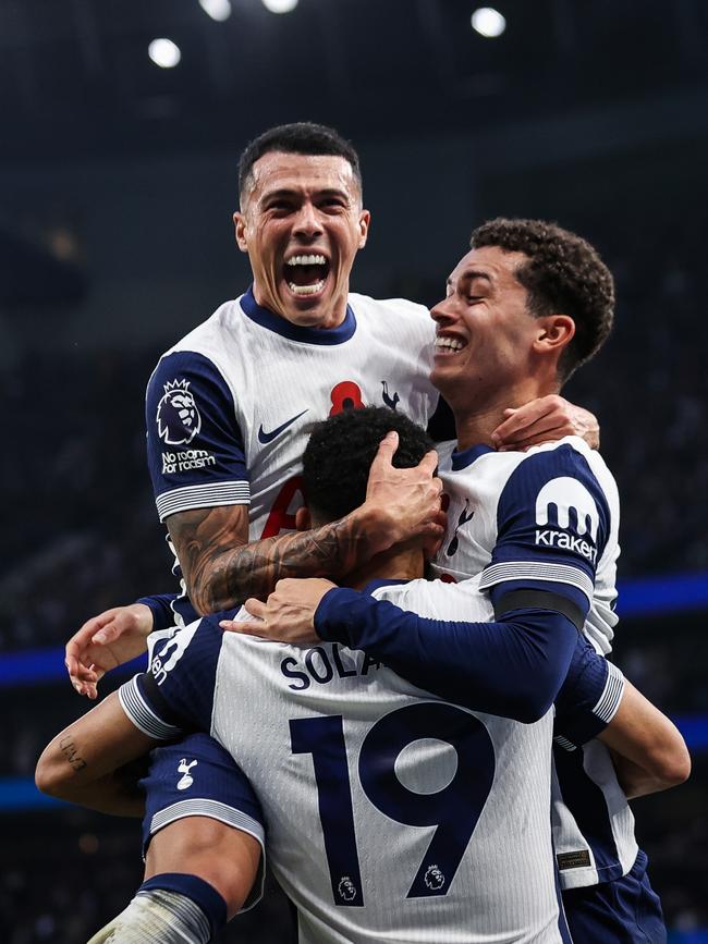 Dominic Solanke celebrates his goal for Tottenham. (Photo by Ryan Pierse/Getty Images)