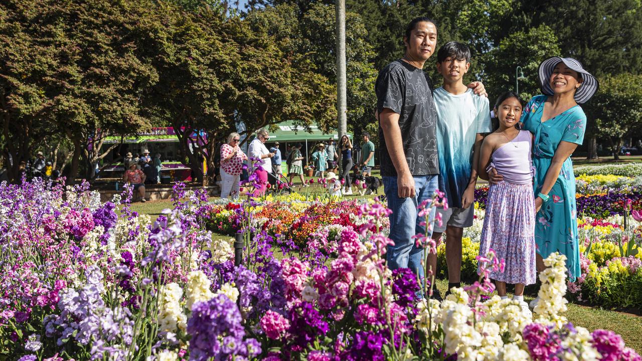 Marvin and Gieselle Lim with their kids Gavin and Briana in Queens Park for Carnival of Flowers, Saturday, September 21, 2024. Picture: Kevin Farmer