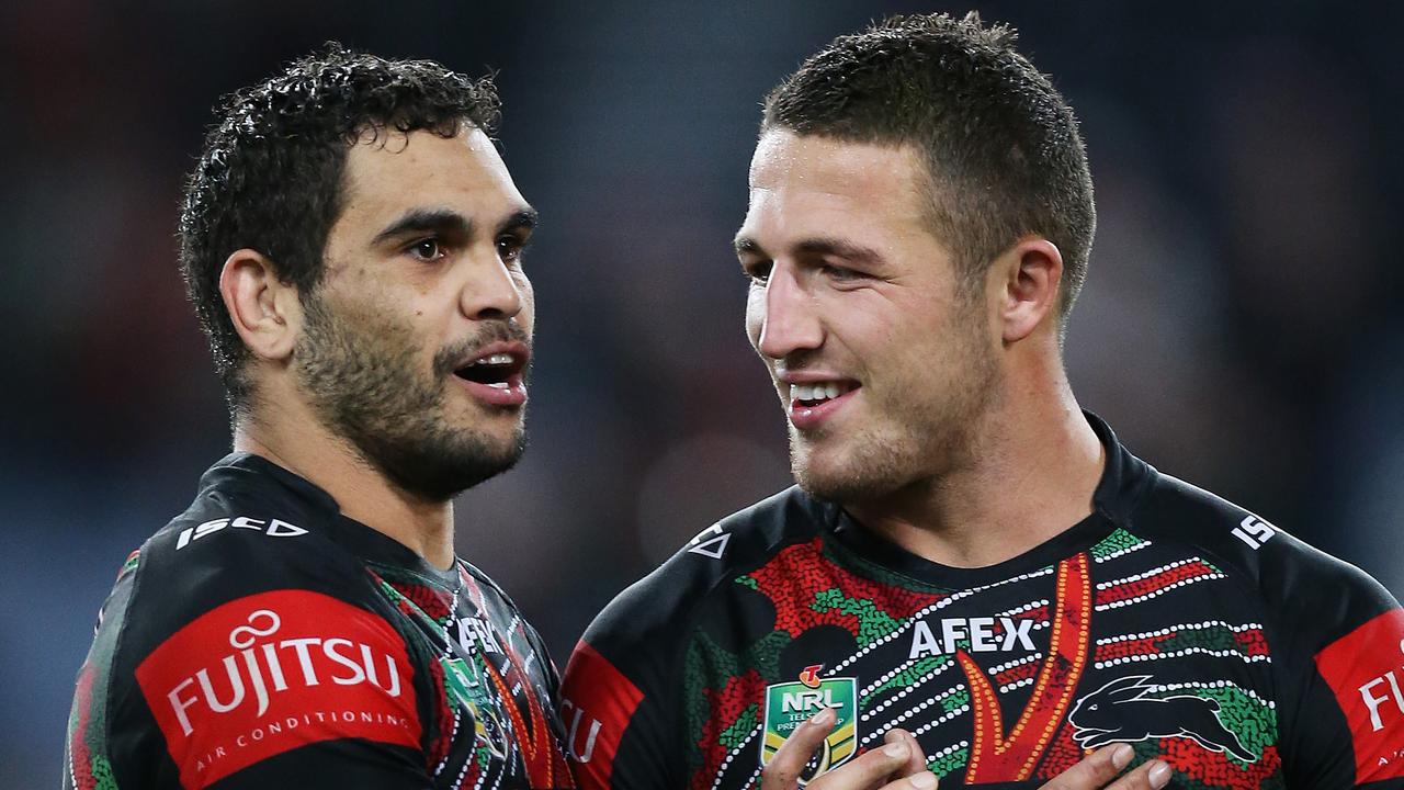 Greg Inglis and former South Sydney teammate Sam Burgess.