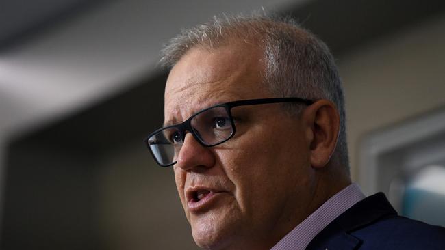 SYDNEY, AUSTRALIA – NewsWire Photos MARCH, 14, 2021: Prime Minster Scott Morrison speaks to the media during a visit to the Castle Hill Medical Centre, in Sydney. Picture: NCA NewsWire/Bianca De Marchi