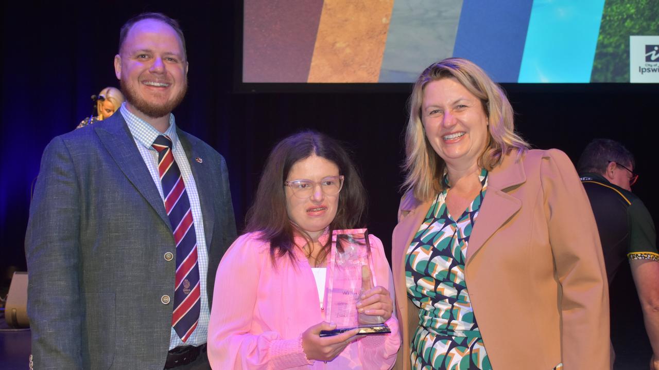 Ipswich Mayor Teresa Harding and Councillor Andrew Fechner with Senior Sportsperson of the Year Isabella Parisi