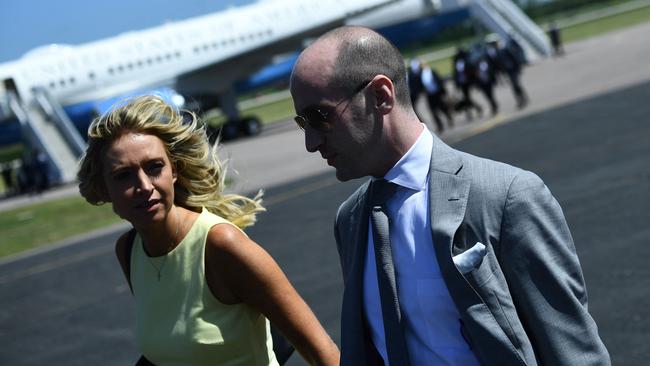 Kayleigh McEnany and Stephen Miller on the hustings with Donald Trump. Picture: AFP