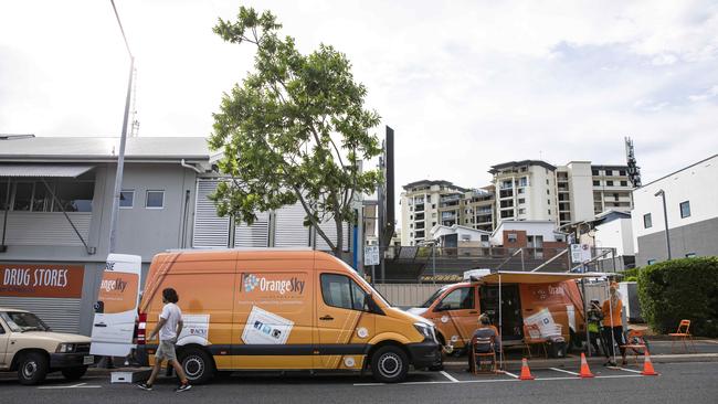 Laurie, the shower van, and Marcia, the washing van, parked in Ivory St, Fortitude Valley.